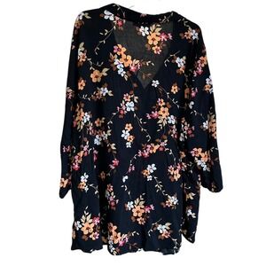 Woman Within Black Dark Floral Pintuck Button Front Tunic Top 4X Rayon Feminine